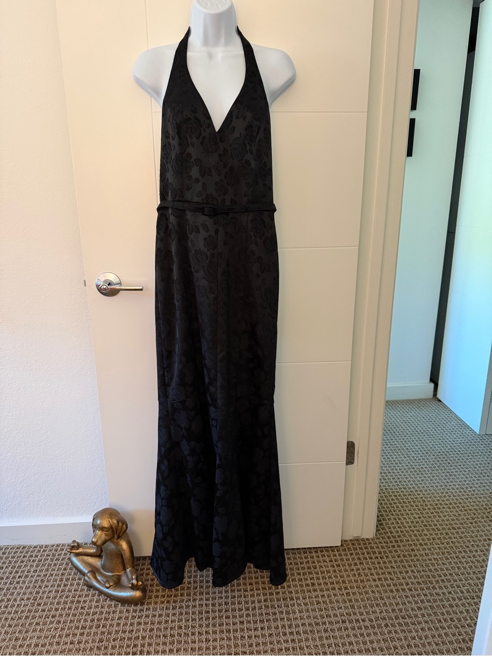 David Meister Black Satin Jacquard Evening Dress